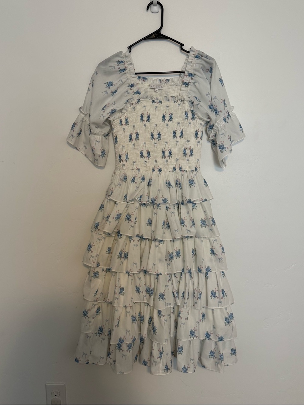 Ivy City Co Cream Midi Dress with Blue Floral Print
